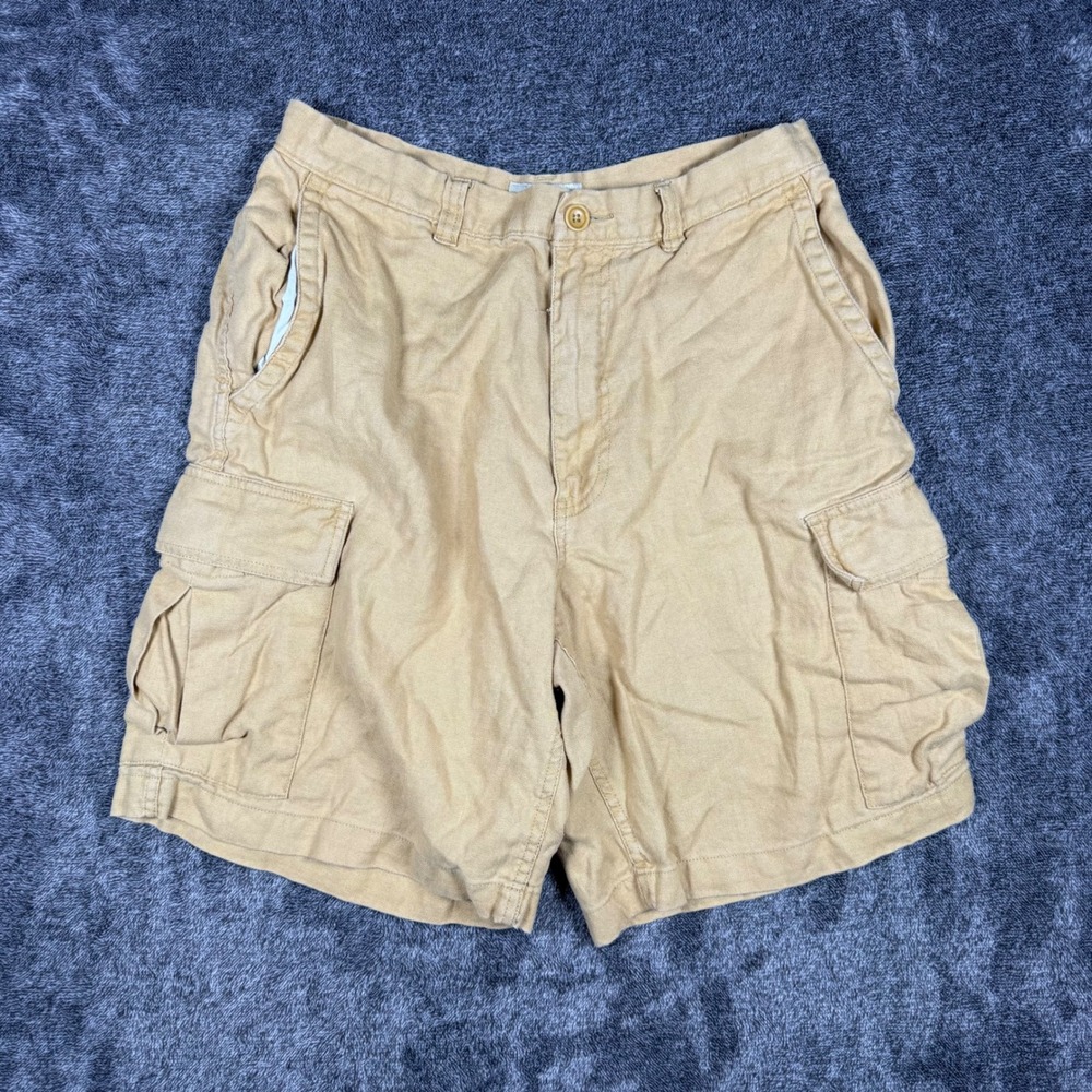 J. Crew Mens 100% Linen Cargo Shorts Tan Khaki Size 32 Summer Casual Lightweight